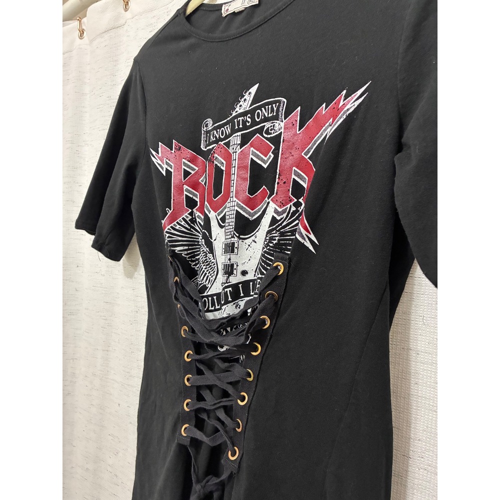 Women Black Rock & Roll Graphic Lace Up Corset T-Shirt Large Punk Grunge Biker
